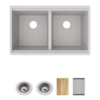 Elkay Quartz Classic 33" x 22" x 9-1/2" Equal Double Bowl Undermount Workstation Sink 4pc Kit Greystone ELGU3322WOGS0