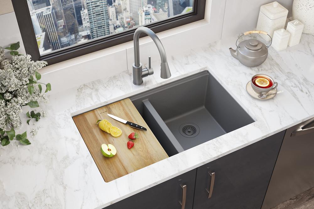 Elkay Quartz Classic 33" x 22" x 9-1/2" Equal Double Bowl Undermount Workstation Sink 4pc Kit Graphite ELGU3322WOGT0