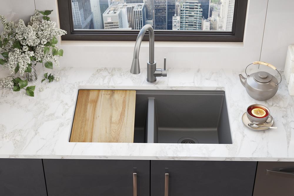 Elkay Quartz Classic 33" x 22" x 9-1/2" Equal Double Bowl Undermount Workstation Sink 4pc Kit Graphite ELGU3322WOGT0