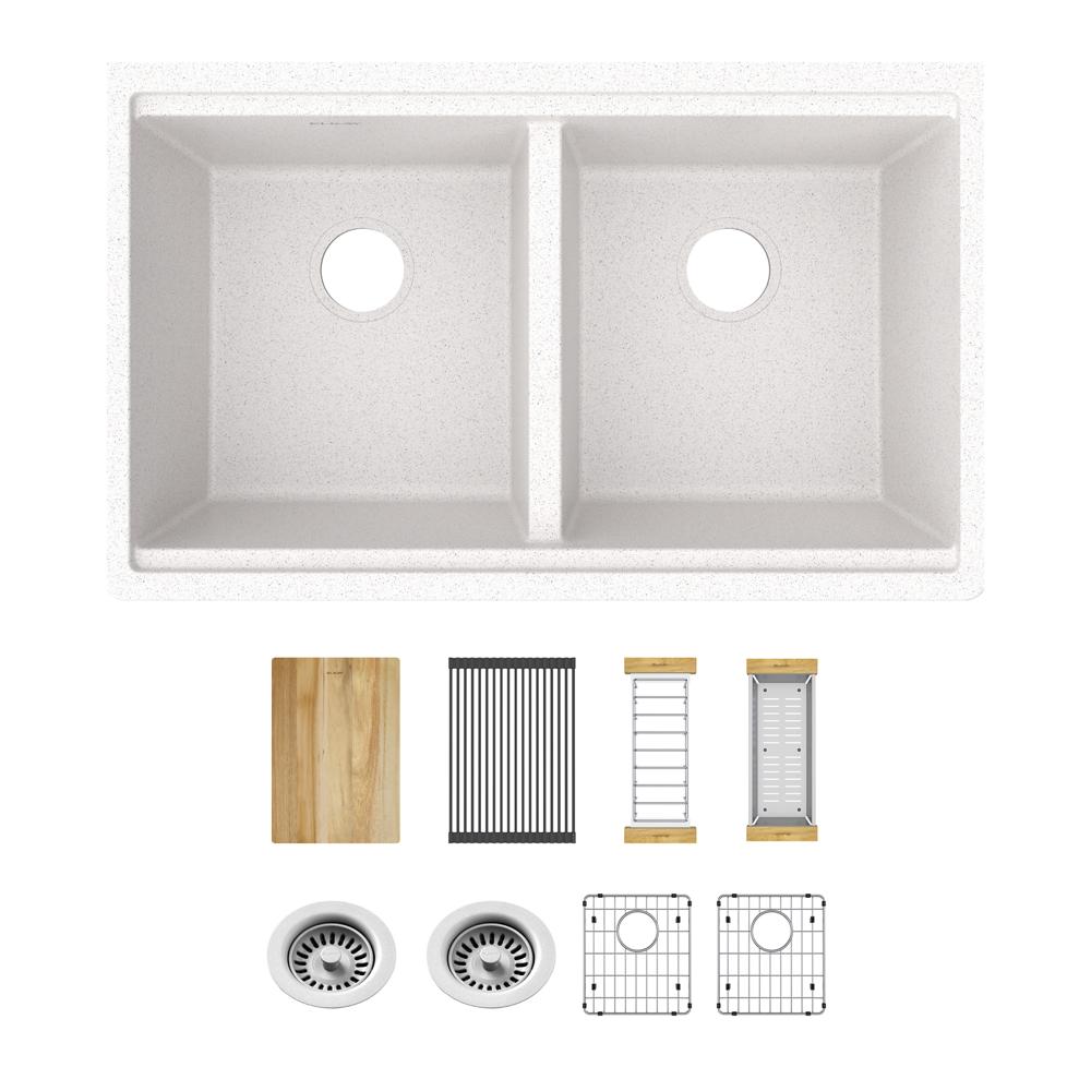 Elkay Quartz Classic 33" x 22" x 9-1/2" Equal Double Bowl Undermount Workstation Sink Kit White ELGU3322WWH0
