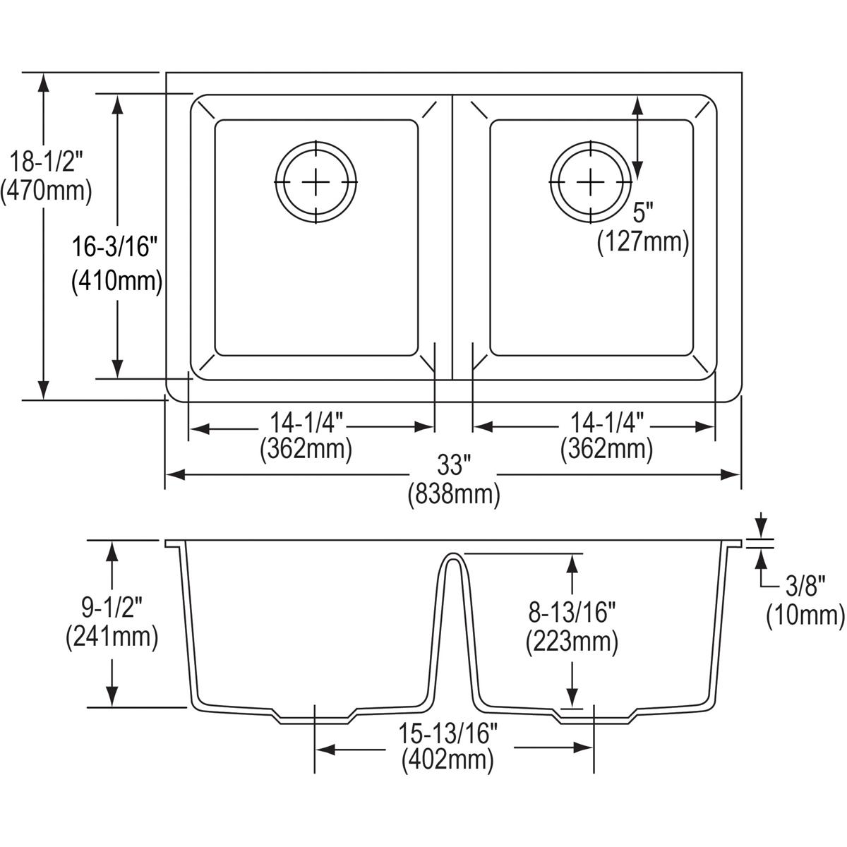 Elkay Quartz Classic 33" x 18-1/2" x 9-1/2", Equal Double Bowl Undermount Sink Kit, Black ELGU3322BK0C