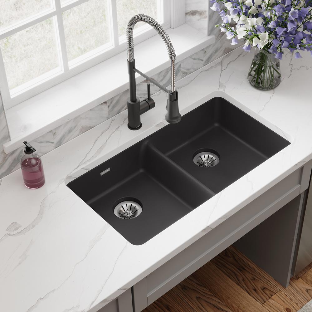Elkay Quartz Classic 33" x 18-1/2" x 5-1/2" Double Bowl Undermount ADA Sink with Perfect Drain Black ELGUAD3319PDBK0