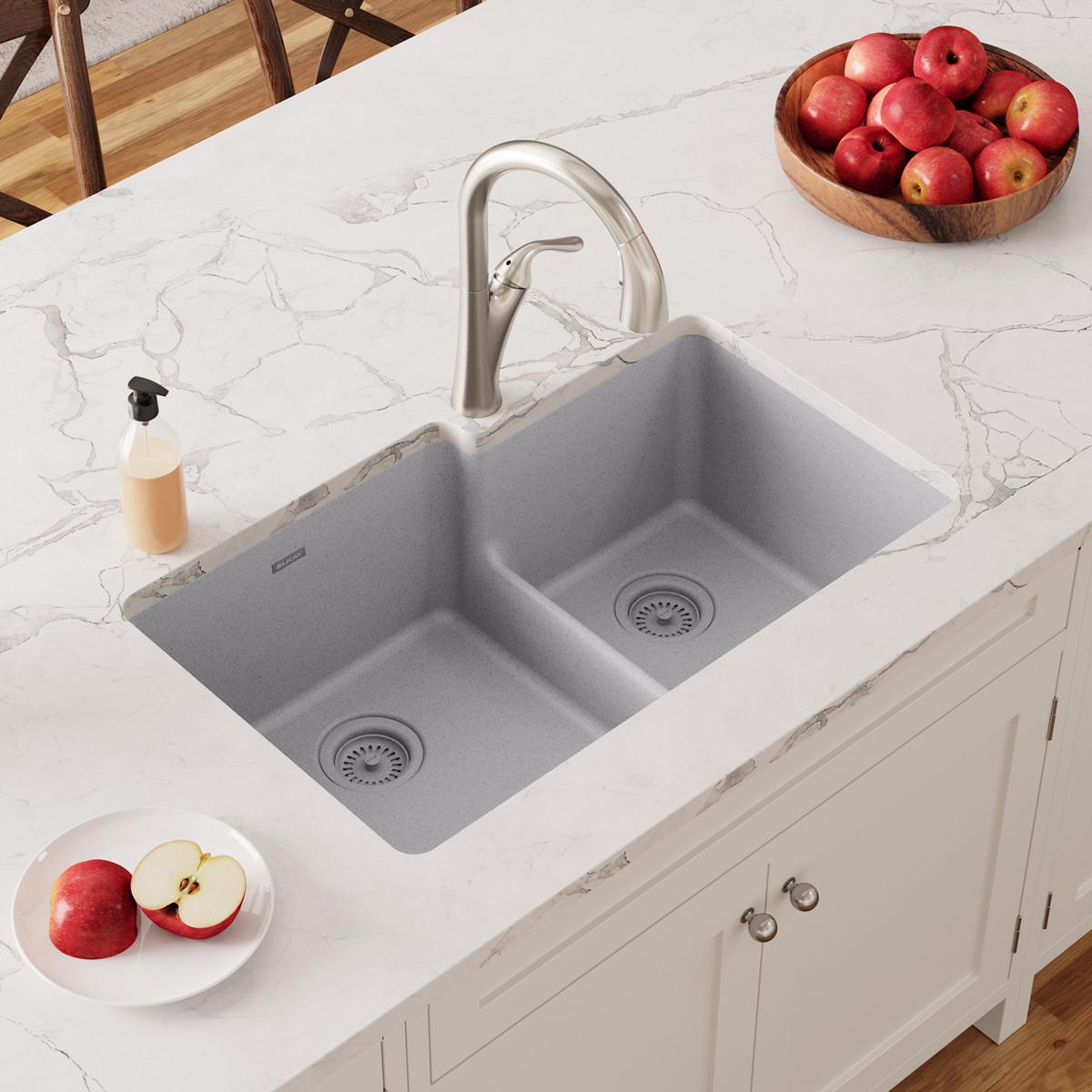 Elkay Quartz Classic 33" x 20-1/2" x 9-1/2", Offset 60/40 Double Bowl Undermount Sink with Aqua Divide, Greystone ELGULBO3322GS0