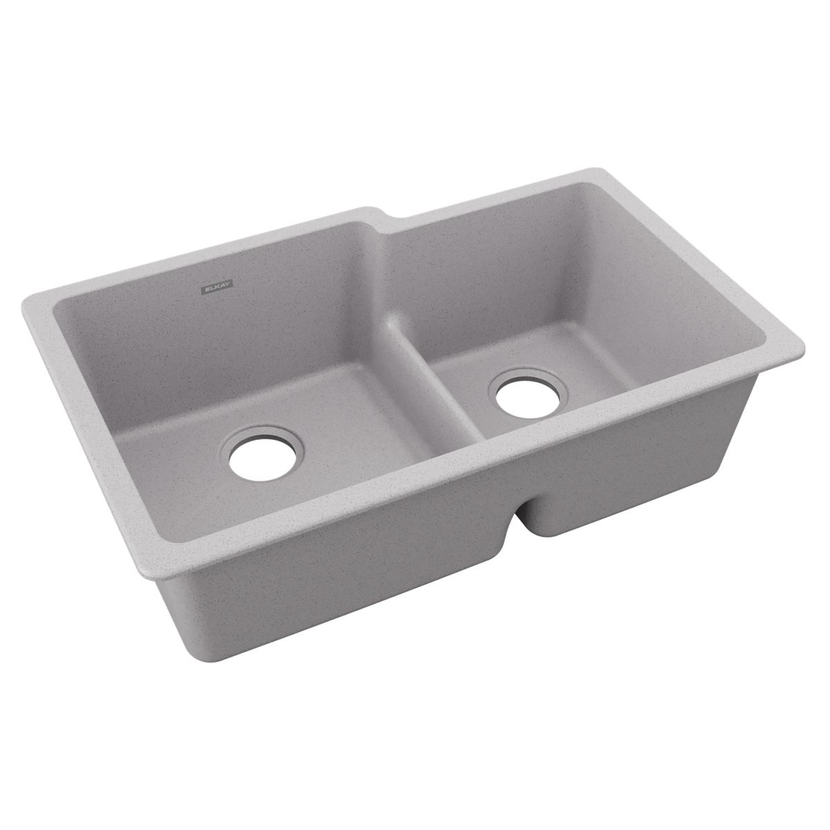Elkay Quartz Classic 33" x 20-1/2" x 9-1/2", Offset 60/40 Double Bowl Undermount Sink with Aqua Divide, Greystone ELGULBO3322GS0