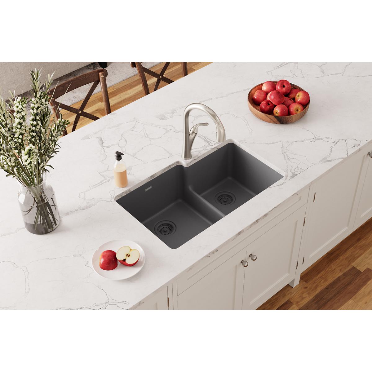 Elkay Quartz Classic 33" x 20-1/2" x 9-1/2", Offset 60/40 Double Bowl Undermount Sink with Aqua Divide, Dusk Gray ELGULBO3322GY0