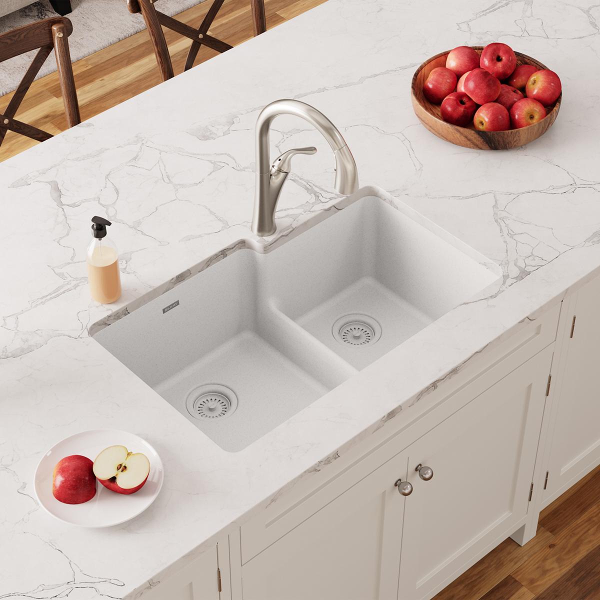 Elkay Quartz Classic 33" x 20-1/2" x 9-1/2", Offset 60/40 Double Bowl Undermount Sink with Aqua Divide, White ELGULBO3322WH0