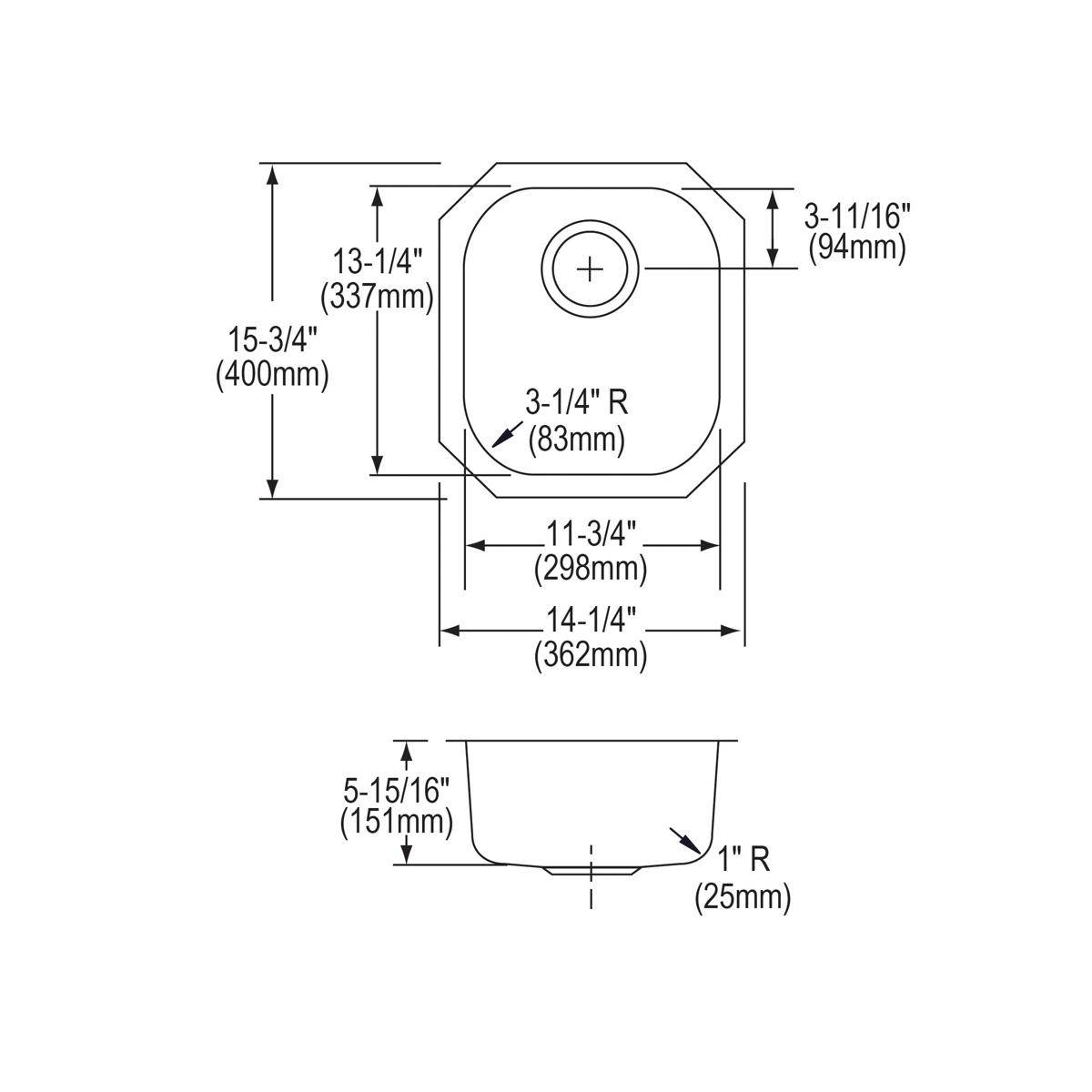 Elkay Lustertone Classic Stainless Steel, 14-1/4" x 15-3/4" x 5-15/16", Single Bowl Undermount Sink ELUH1113