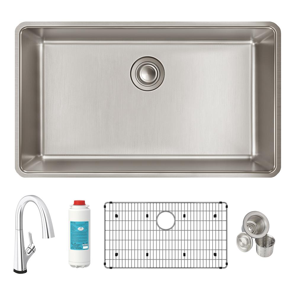 Elkay Lustertone Iconix 18 Gauge Stainless Steel 32-1/2" x 19-1/2" x 9" Single Bowl Undermount Sink Kit with Filtered Faucet ELUH3017TFLC