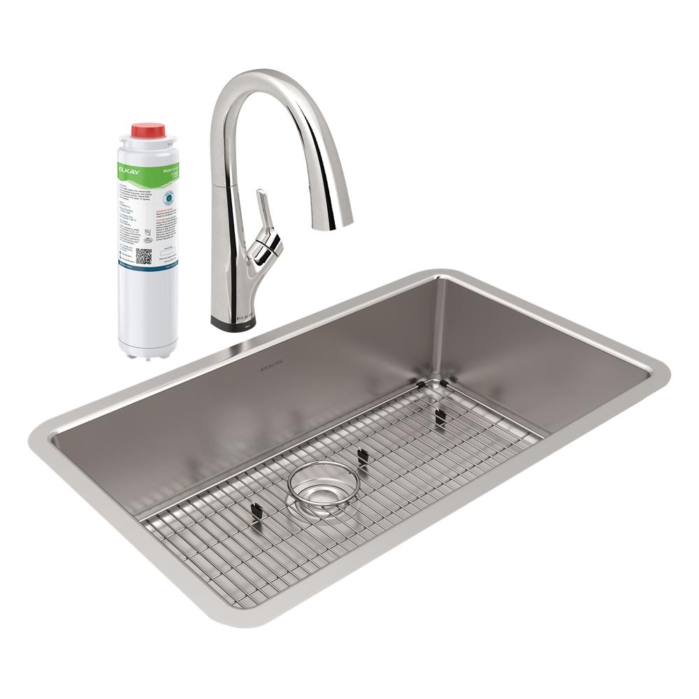 Elkay Lustertone Iconix 18 Gauge Stainless Steel 32-1/2" x 19-1/2" x 9" Single Bowl Undermount Sink Kit with Filtered Faucet ELUH3017TFLC