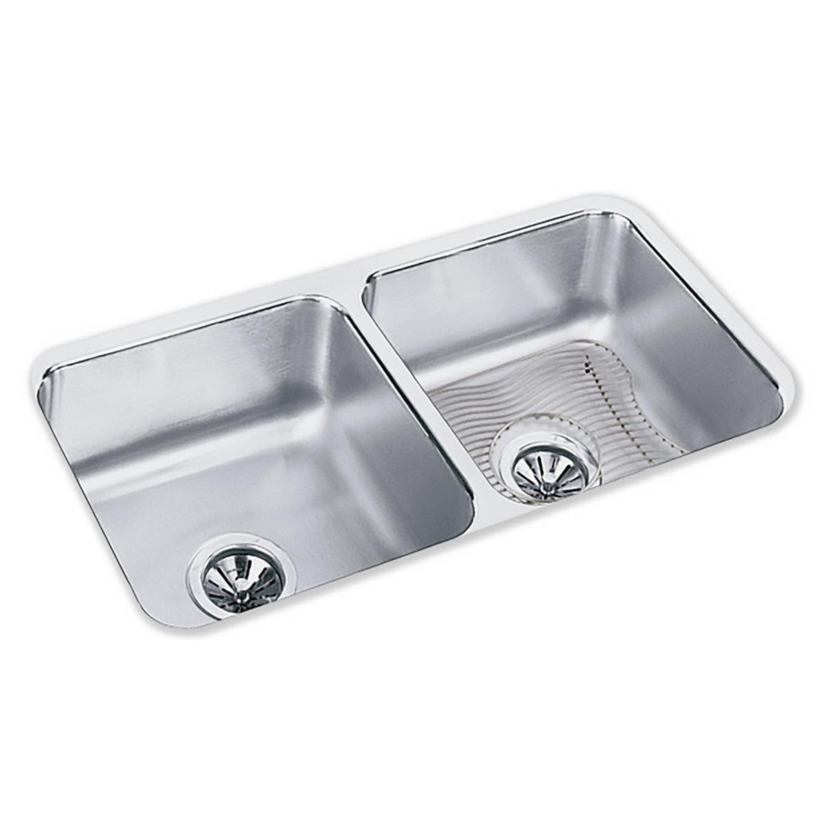 Elkay Lustertone Classic Stainless Steel 31-3/4" x 16-1/2" x 7-1/2", Equal Double Bowl Undermount Sink Kit ELUH3116DBG