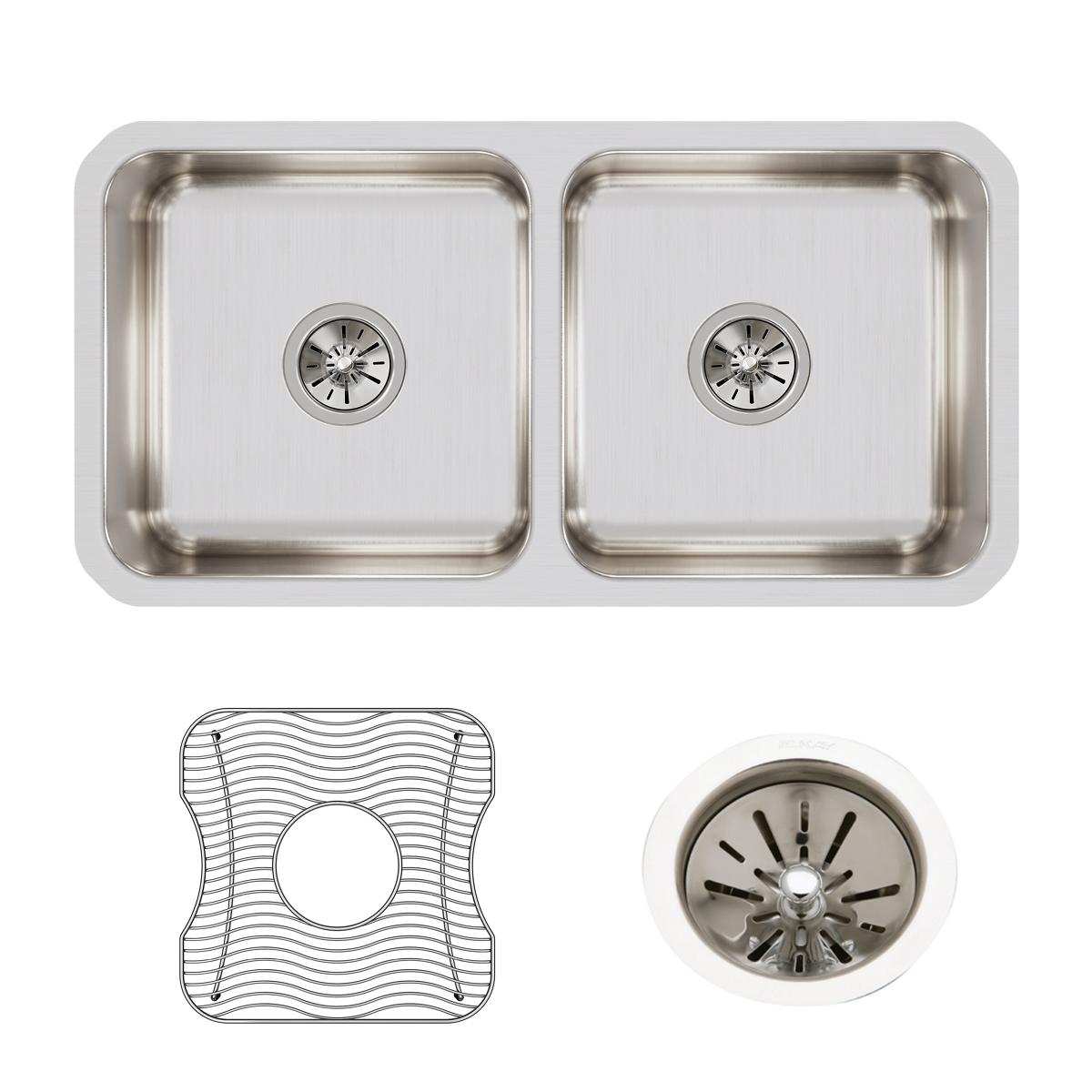Elkay Lustertone Classic Stainless Steel 31-3/4" x 16-1/2" x 7-1/2", Equal Double Bowl Undermount Sink Kit ELUH3116DBG