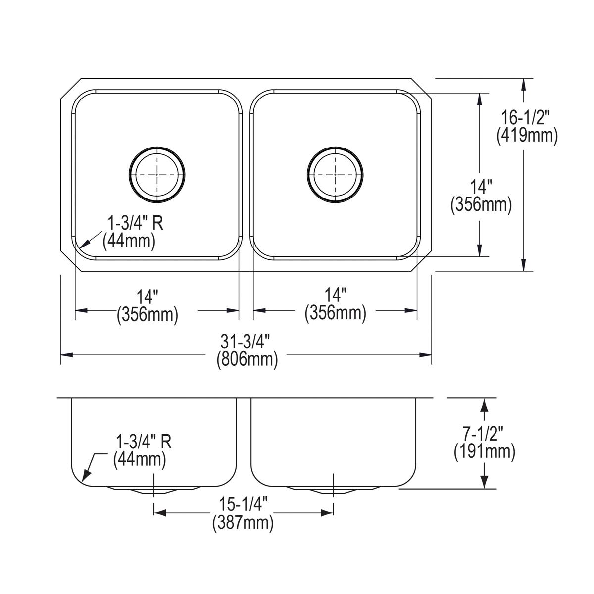 Elkay Lustertone Classic Stainless Steel 31-3/4" x 16-1/2" x 7-1/2", Equal Double Bowl Undermount Sink Kit ELUH3116DBG