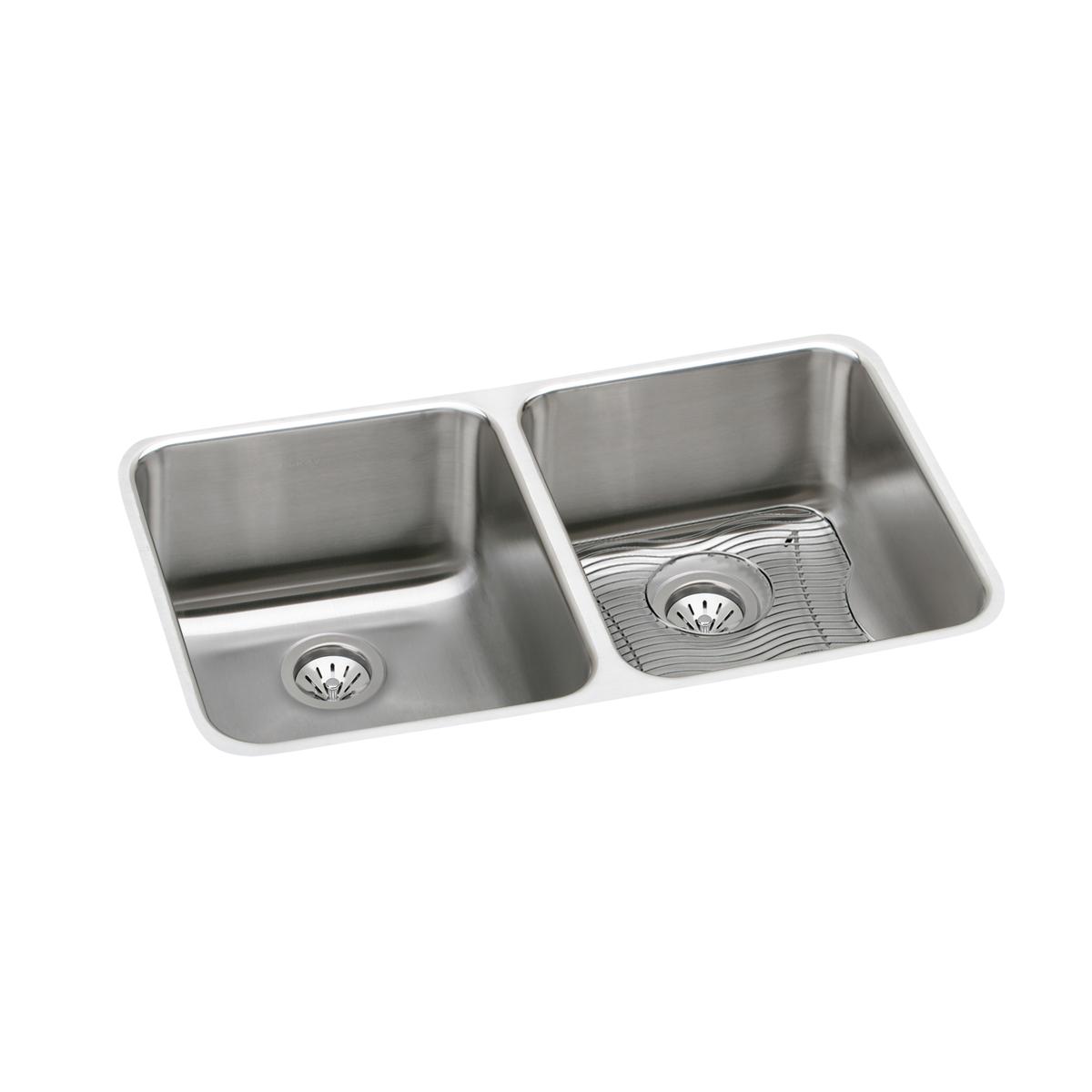 Elkay Lustertone Classic Stainless Steel 30-3/4" x 18-1/2" x 10", Equal Double Bowl Undermount Sink Kit ELUH311810DBG