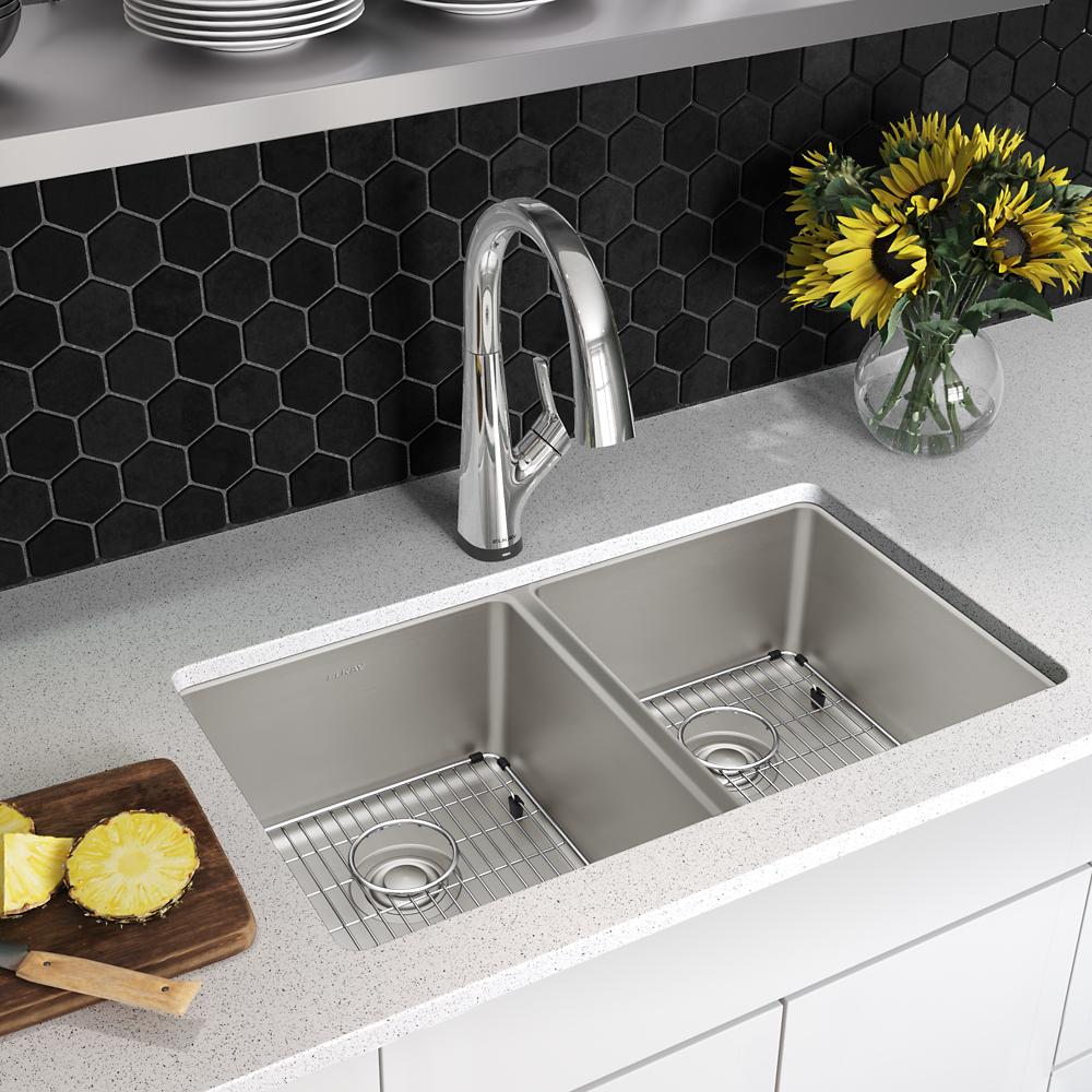 Elkay Lustertone Iconix 18 Gauge Stainless Steel 32-3/4" x 19-1/2" x 9" Double Bowl Undermount Sink Kit with Filtered Faucet ELUH3118TFLC