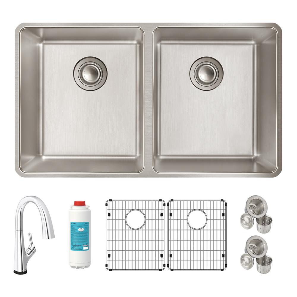 Elkay Lustertone Iconix 18 Gauge Stainless Steel 32-3/4" x 19-1/2" x 9" Double Bowl Undermount Sink Kit with Filtered Faucet ELUH3118TFLC