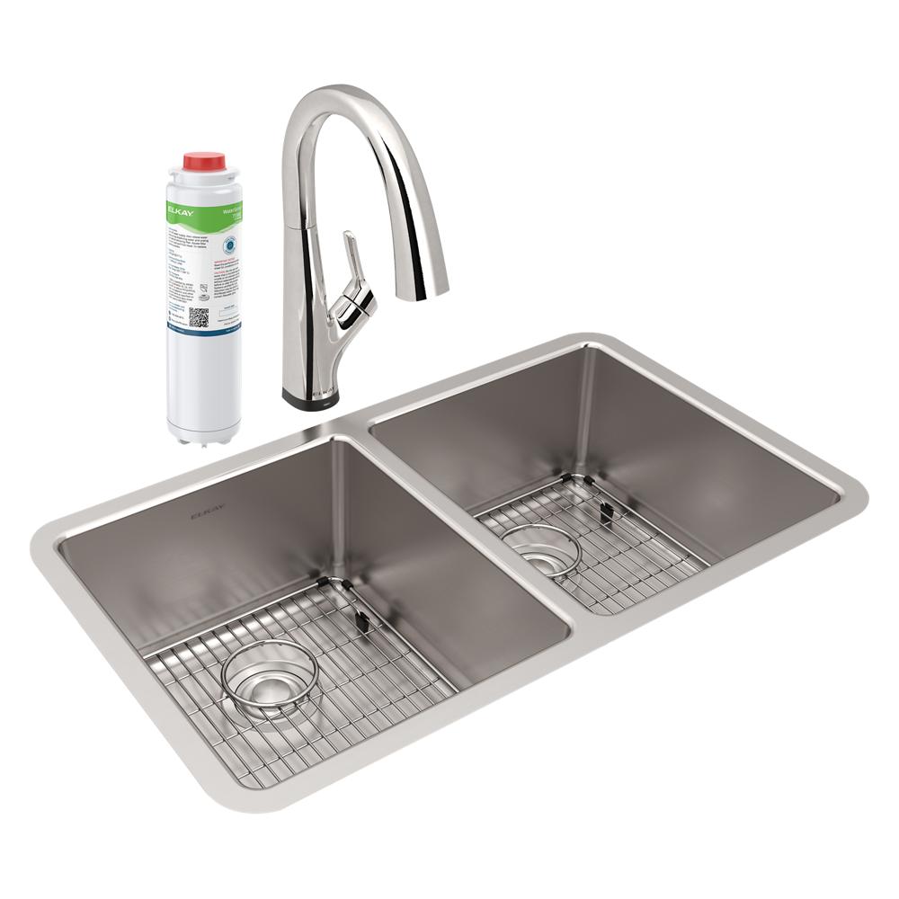 Elkay Lustertone Iconix 18 Gauge Stainless Steel 32-3/4" x 19-1/2" x 9" Double Bowl Undermount Sink Kit with Filtered Faucet ELUH3118TFLC