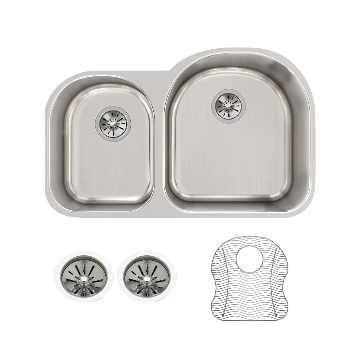 Elkay Lustertone Classic Stainless Steel 31-1/4" x 20" x 10", Offset 40/60 Double Bowl Undermount Sink Kit ELUH311910LDBG
