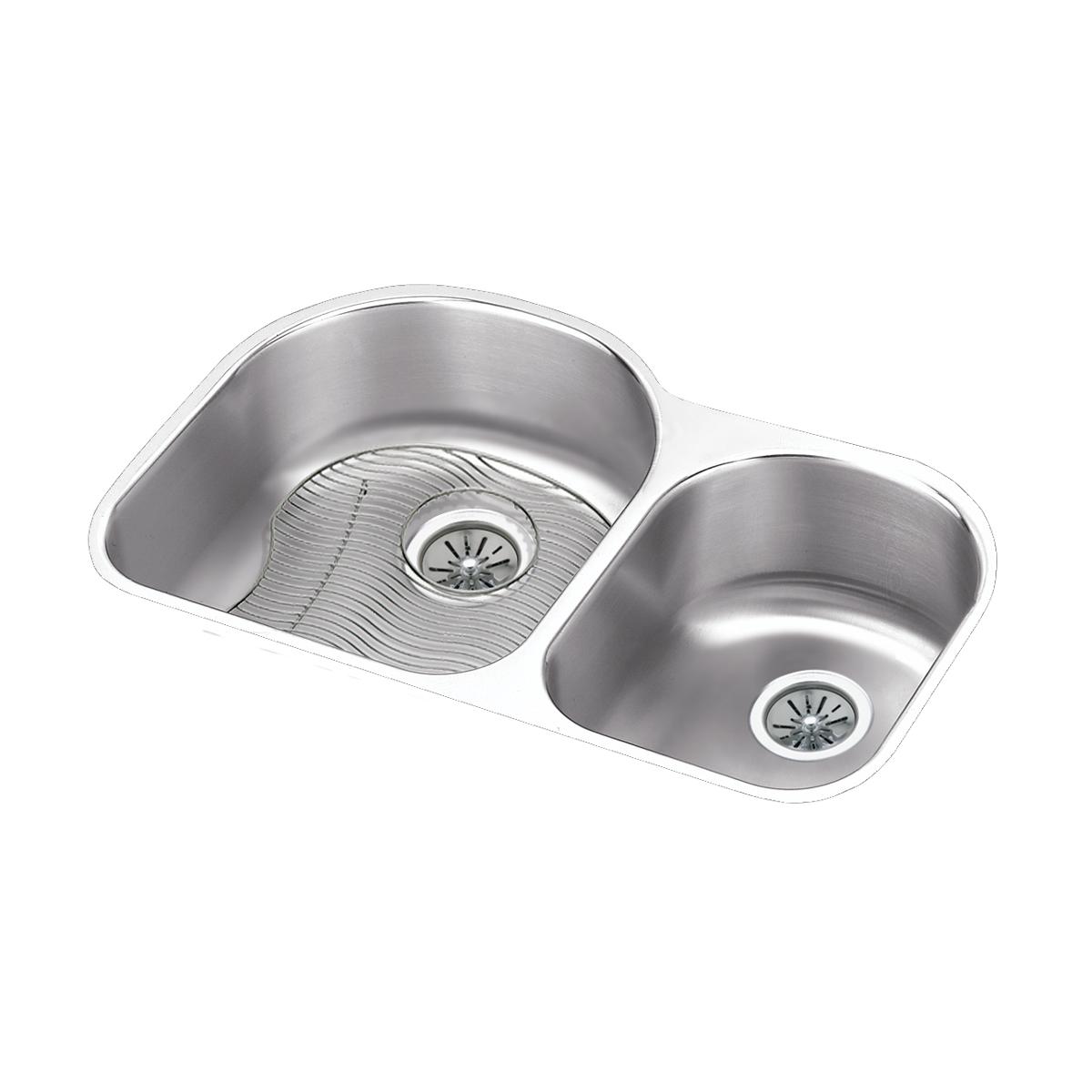 Elkay Lustertone Classic Stainless Steel 31-1/4" x 20" x 10", Offset 60/40 Double Bowl Undermount Sink Kit ELUH311910RDBG