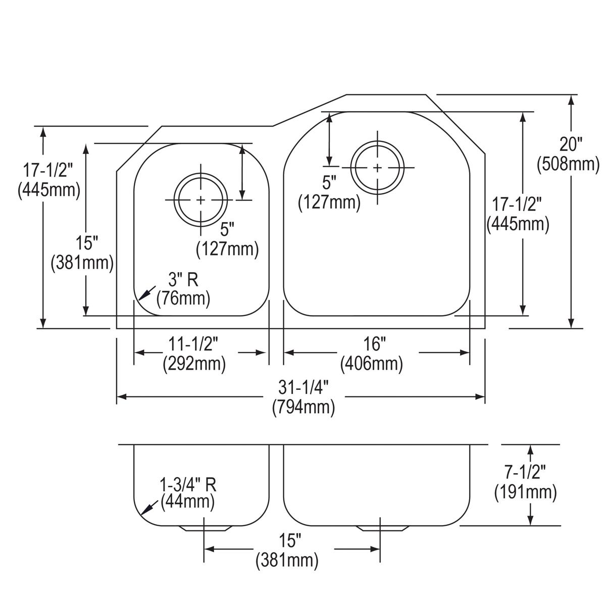Elkay Lustertone Classic Stainless Steel 31-1/4" x 20" x 7-1/2", Offset 40/60 Double Bowl Undermount Sink ELUH3119L