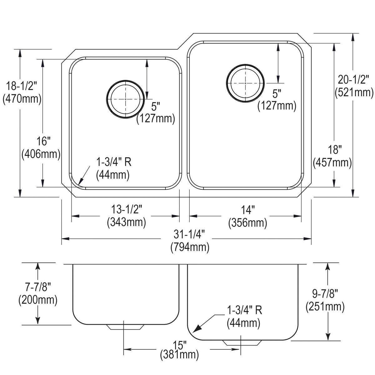 Elkay Lustertone Classic Stainless Steel, 31-1/4" x 20-1/2" x 9-7/8", Offset Double Bowl Undermount Sink ELUH3120L