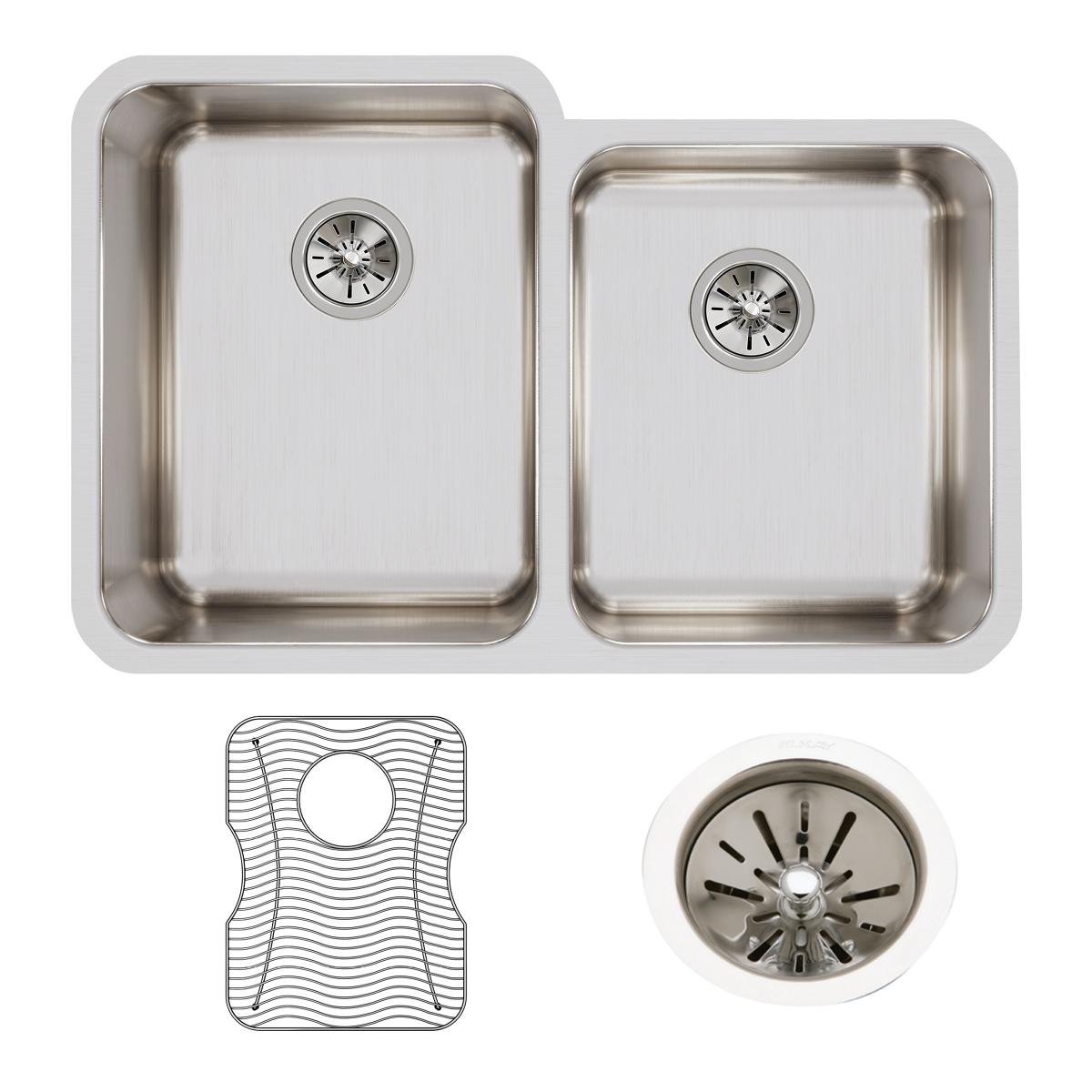 Elkay Lustertone Classic Stainless Steel 31-1/4" x 20-1/2" x 9-7/8", Offset Double Bowl Undermount Sink Kit ELUH3120RDBG