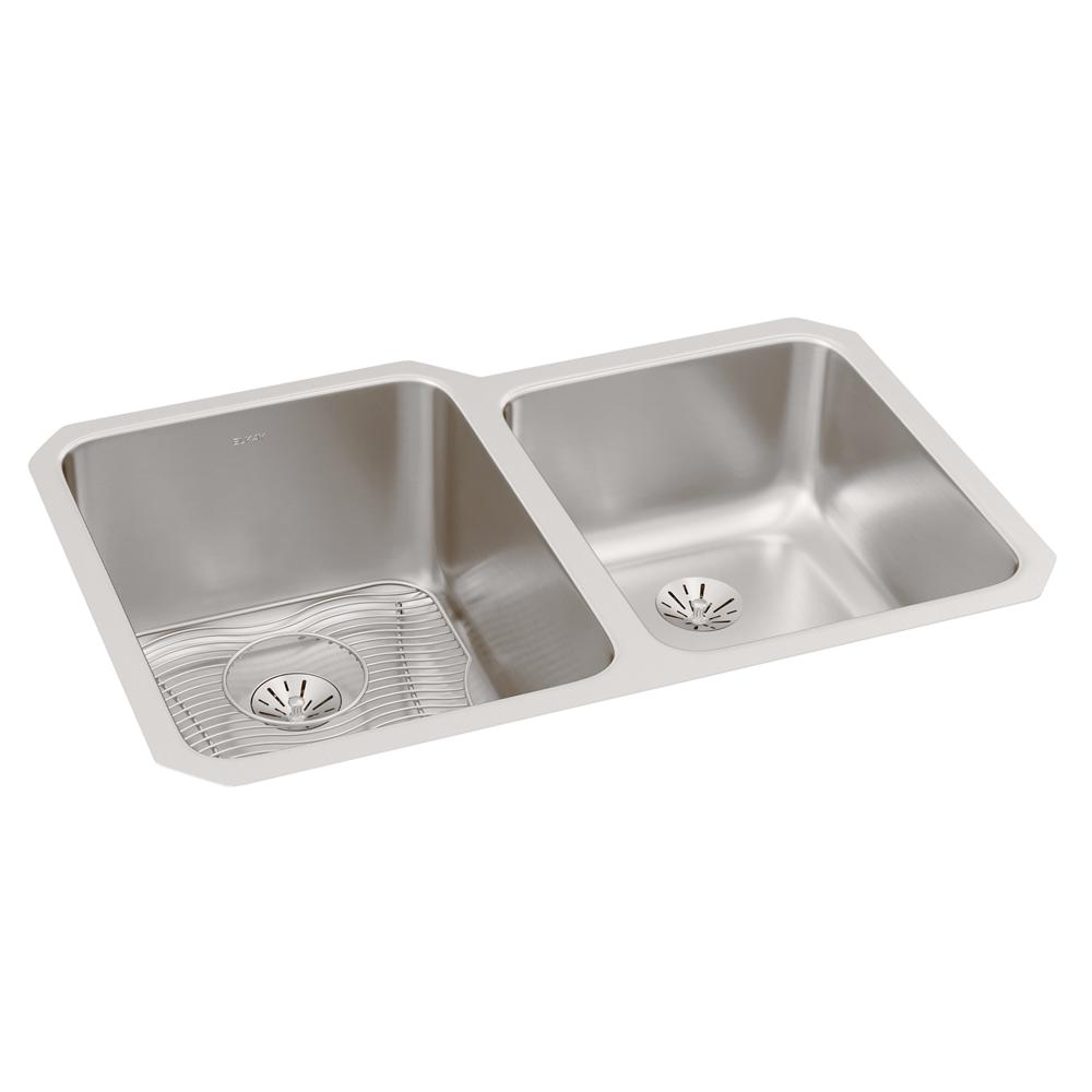 Elkay Lustertone Classic Stainless Steel 31-1/4" x 20-1/2" x 9-7/8" Double Bowl Undermount Sink Kit with Right Perfect Drain ELUH3120RPDBG