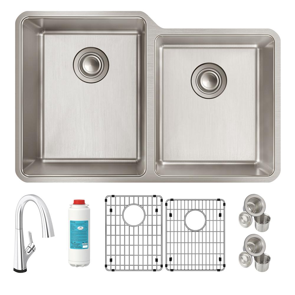 Elkay Lustertone Iconix 18 Gauge Stainless Steel 31-1/4" x 20-1/2" x 9" Offset 60/40 Bowl Undermount Sink Kit w/Filter Faucet ELUH3120RTFLC