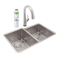 Elkay Lustertone Iconix 18 Gauge Stainless Steel 31-1/4" x 20-1/2" x 9" Offset 60/40 Bowl Undermount Sink Kit w/Filter Faucet ELUH3120RTFLC