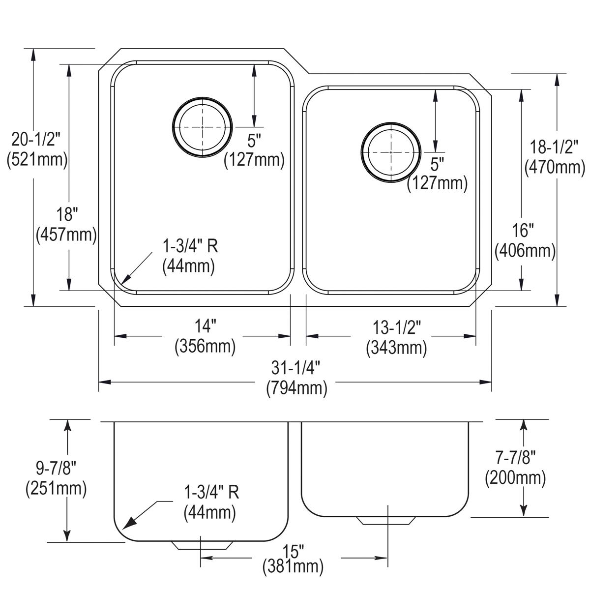 Elkay Lustertone Classic Stainless Steel 31-1/4" x 20-1/2" x 9-7/8", Offset Double Bowl Undermount Sink Kit ELUH3120RDBG