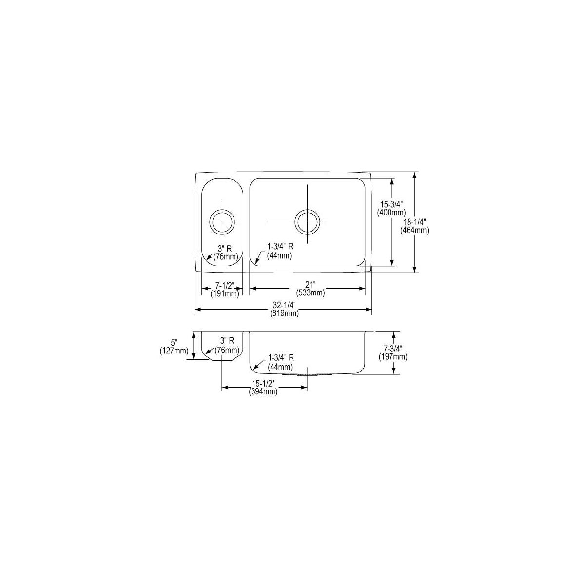 Elkay Lustertone Classic Stainless Steel 32-1/4" x 18-1/4" x 7-3/4", 30/70 Double Bowl Undermount Sink ELUH3219
