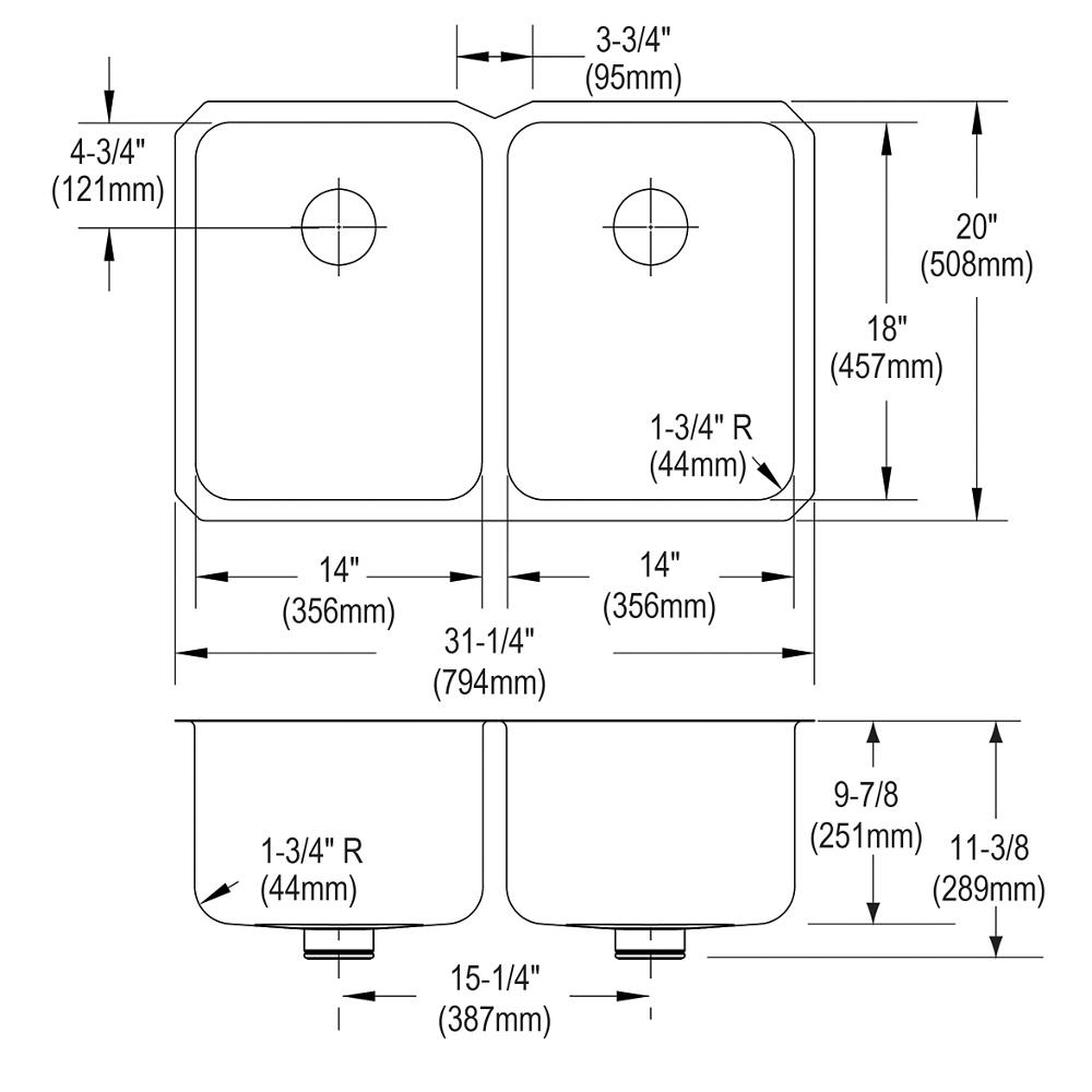 Elkay Lustertone Classic Stainless Steel 31-1/4" x 20" x 9-7/8" Double Bowl Undermount Sink with Perfect Drain ELUH322010PD