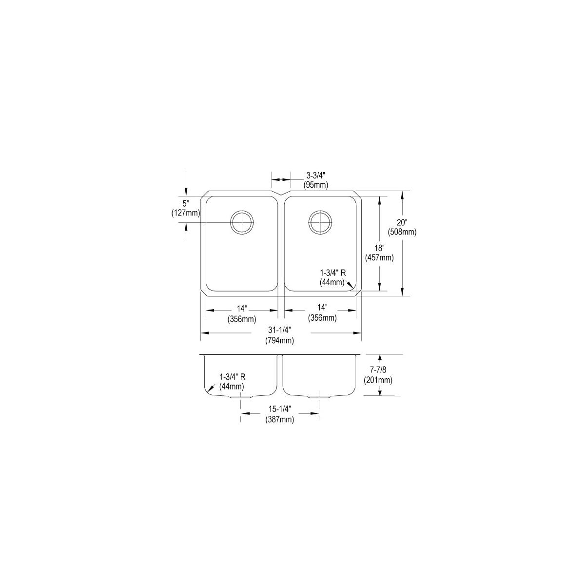 Elkay Lustertone Classic Stainless Steel 31-1/4" x 20" x 7-7/8", Equal Double Bowl Undermount Sink ELUH3220