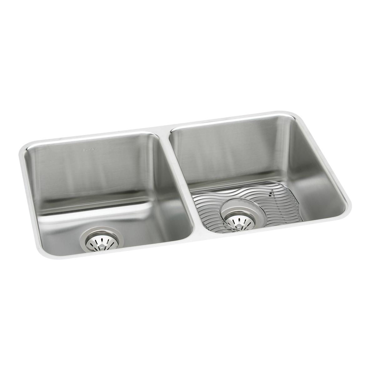 Elkay Lustertone Classic Stainless Steel 35-3/4" x 18-1/2" x 10", Equal Double Bowl Undermount Sink Kit ELUH361710DBG