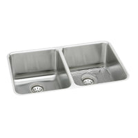 Elkay Lustertone Classic Stainless Steel 35-3/4" x 18-1/2" x 10", Equal Double Bowl Undermount Sink Kit ELUH361710DBG