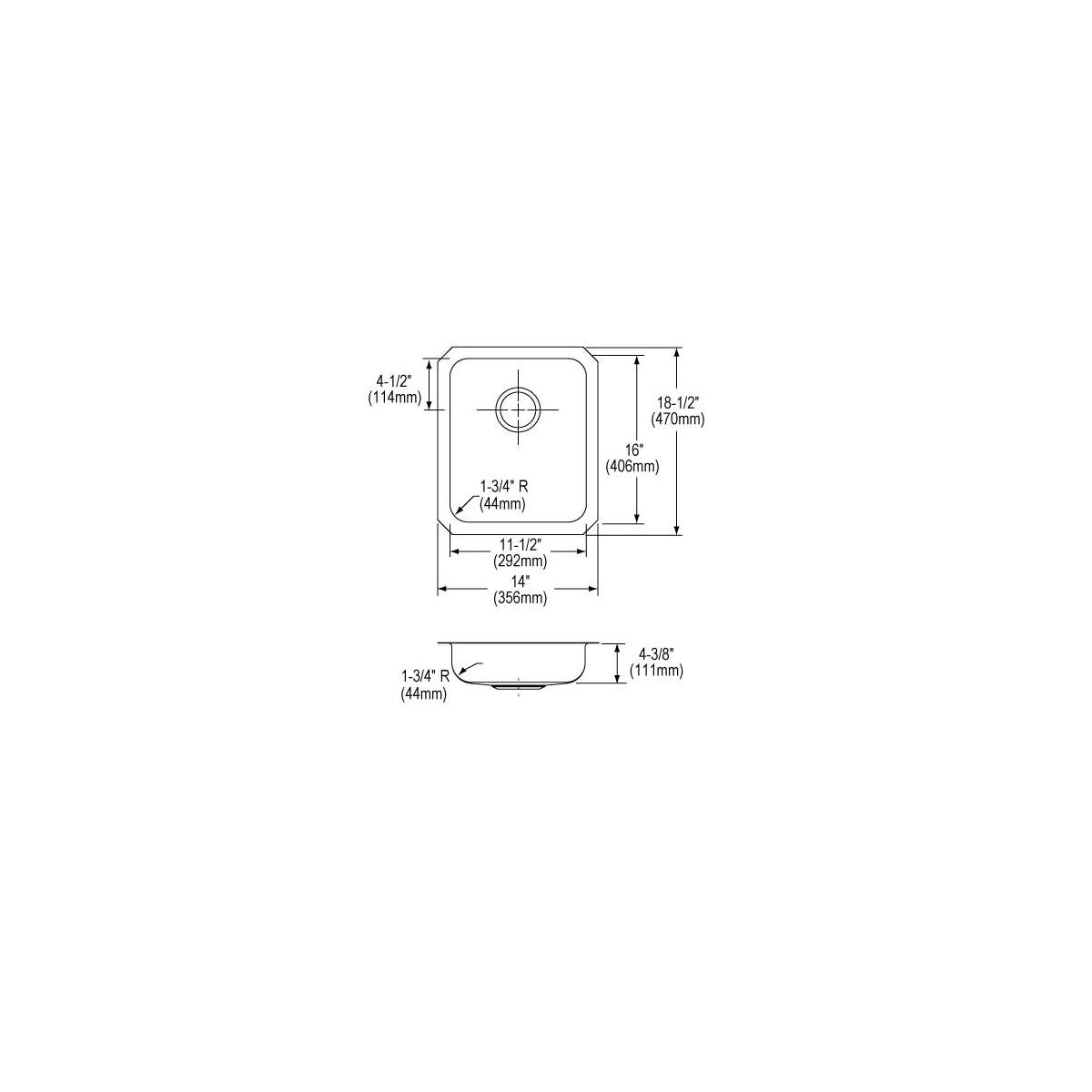 Elkay Lustertone Classic Stainless Steel 14" x 18-1/2" x 4-3/8", Single Bowl Undermount ADA Sink ELUHAD111645
