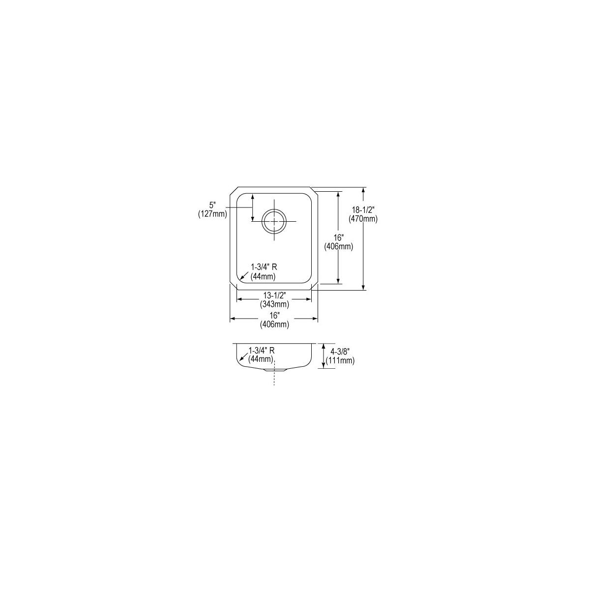Elkay Lustertone Classic Stainless Steel 16" x 18-1/2" x 4-3/8", Single Bowl Undermount ADA Sink ELUHAD131645