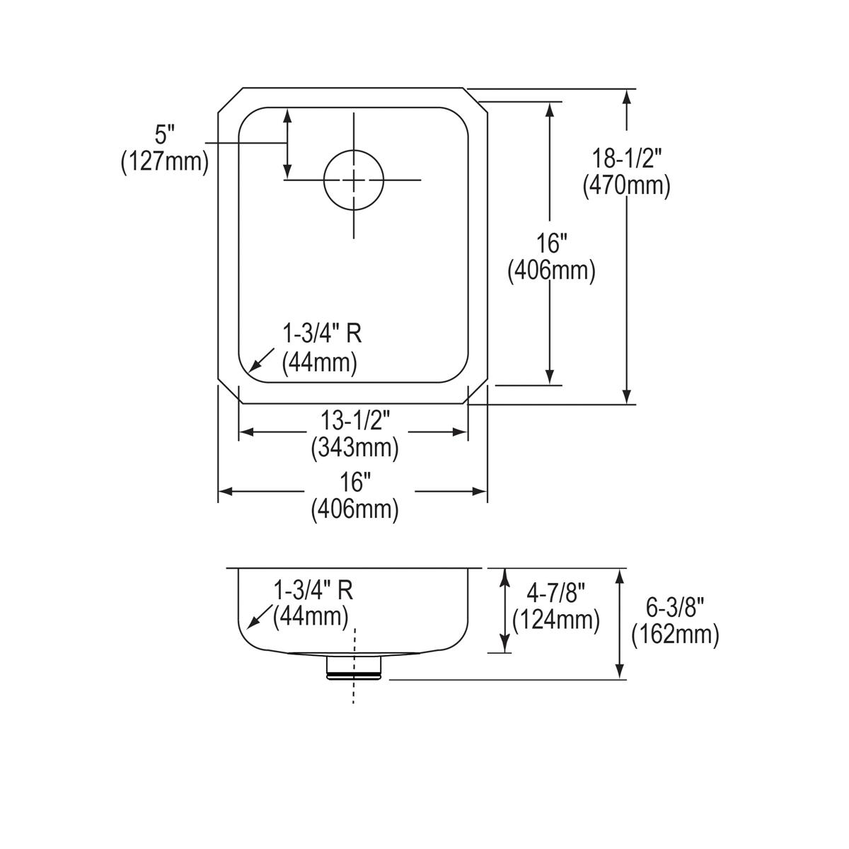 Elkay Lustertone Classic Stainless Steel 16" x 18-1/2" x 4-7/8", Single Bowl Undermount ADA Sink with Perfect Drain ELUHAD131650PD