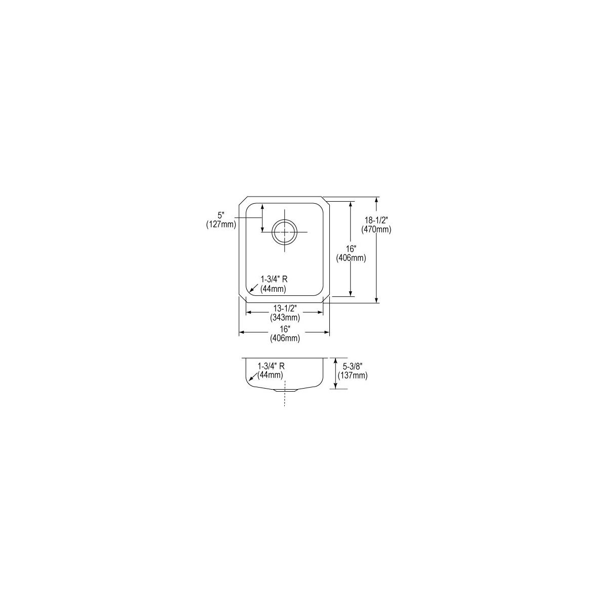 Elkay Lustertone Classic Stainless Steel 16" x 18-1/2" x 5-3/8", Single Bowl Undermount ADA Sink ELUHAD131655