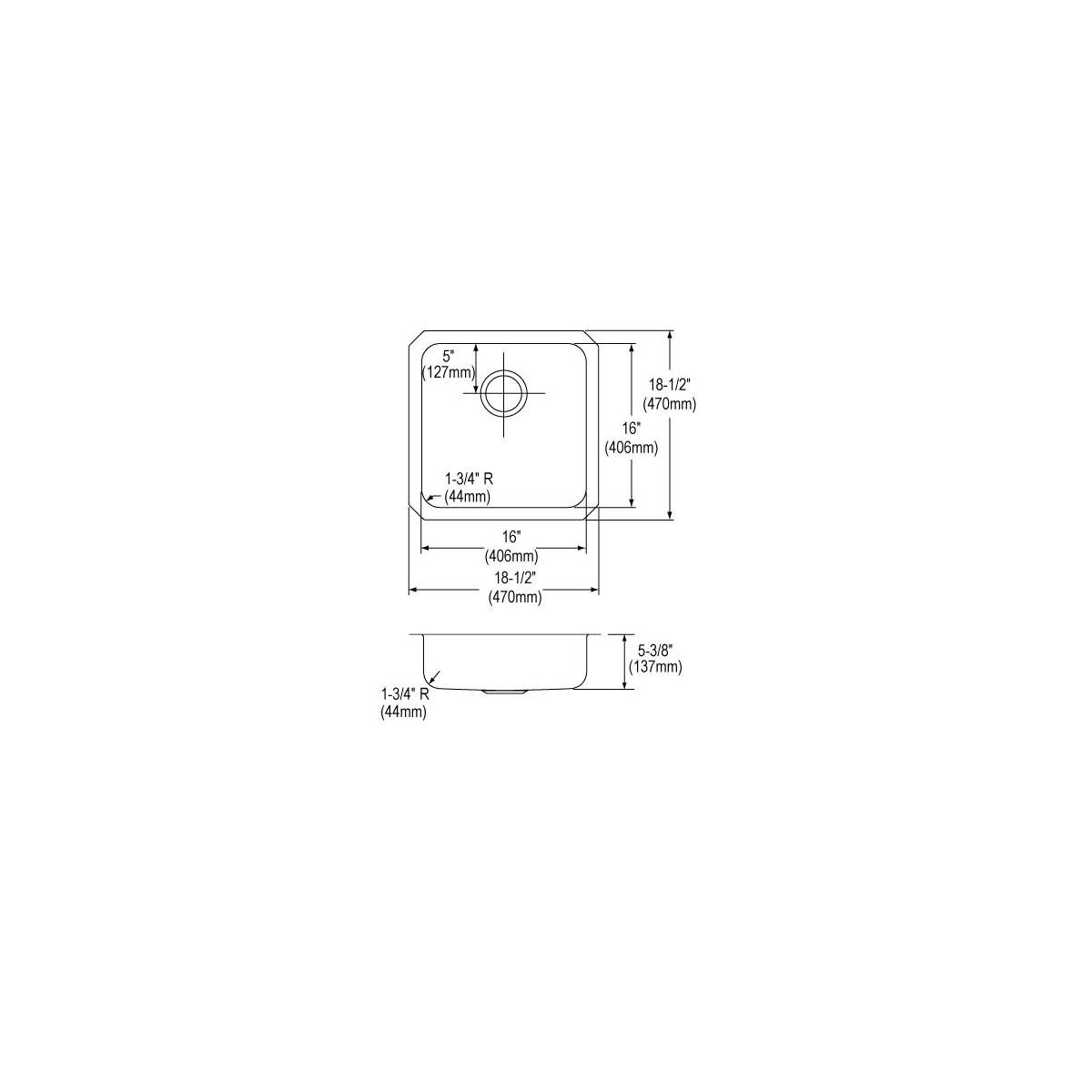 Elkay Lustertone Classic Stainless Steel, 18-1/2" x 18-1/2" x 5-3/8", Single Bowl Undermount ADA Sink ELUHAD161655