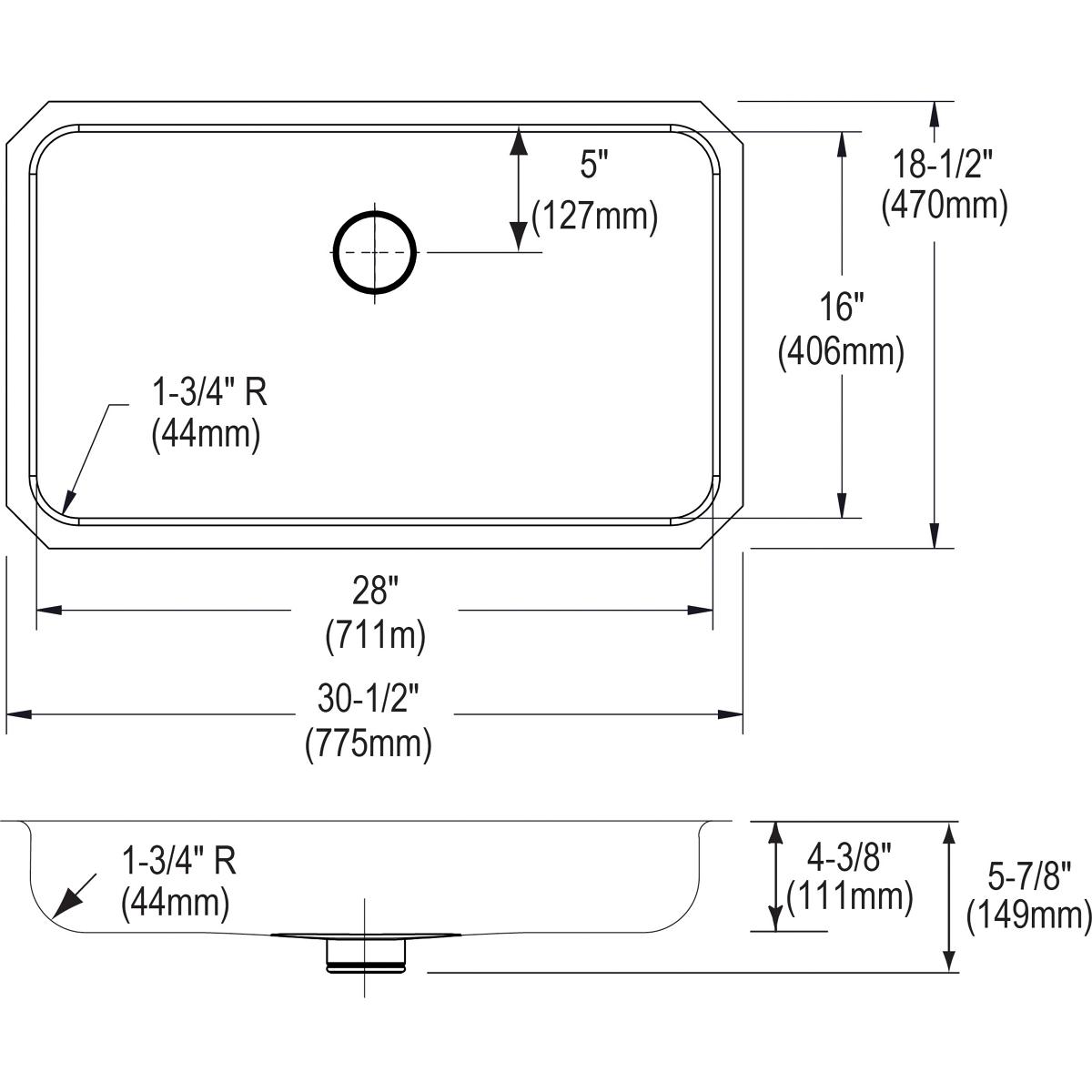Elkay Lustertone Classic Stainless Steel, 30-1/2" x 18-1/2" x 4-3/8", Single Bowl Undermount ADA Sink w/Perfect Drain ELUHAD281645PD