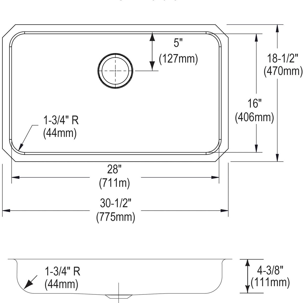 Elkay Lustertone Classic Stainless Steel 30-1/2" x 18-1/2" x 4-3/8", Single Bowl Undermount ADA Sink ELUHAD281645