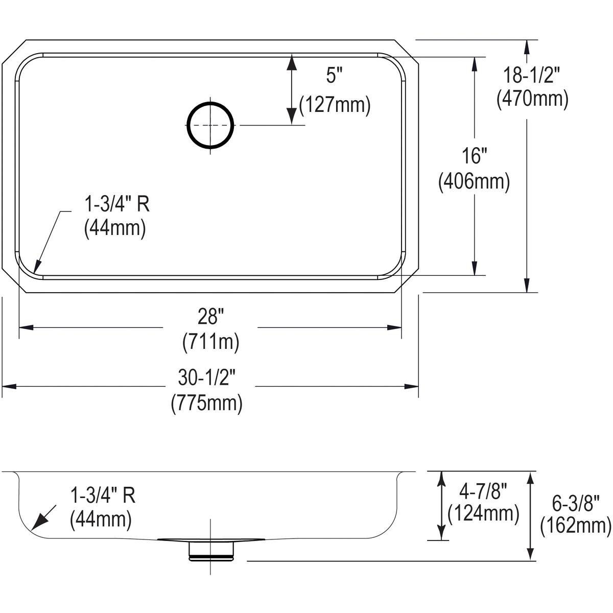 Elkay Lustertone Classic Stainless Steel, 30-1/2" x 18-1/2" x 4-7/8", Single Bowl Undermount ADA Sink w/Perfect Drain ELUHAD281650PD