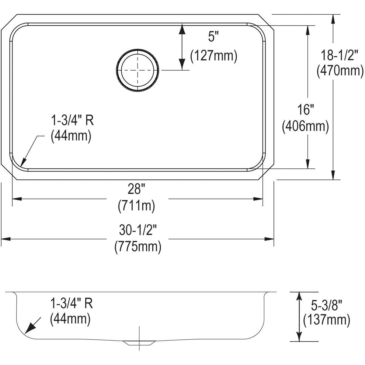 Elkay Lustertone Classic Stainless Steel 30-1/2" x 18-1/2" x 5-3/8", Single Bowl Undermount ADA Sink ELUHAD281655