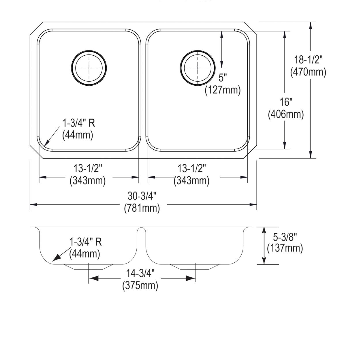 Elkay Lustertone Classic Stainless Steel 30-3/4" x 18-1/2" x 5-3/8", Equal Double Bowl Undermount ADA Sink ELUHAD311855