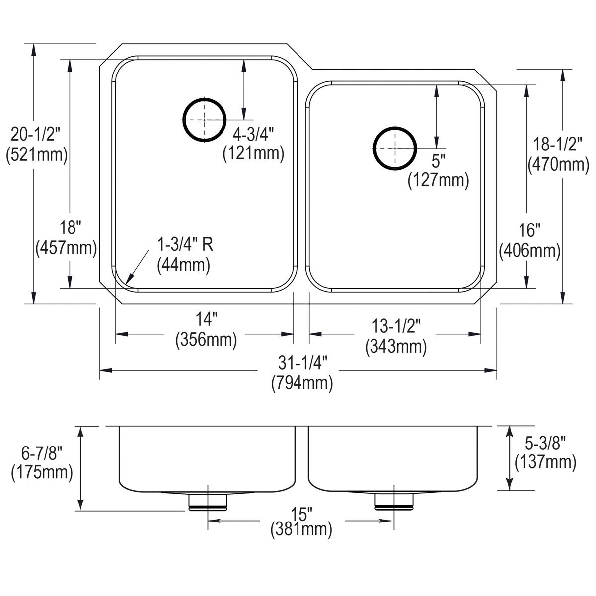 Elkay Lustertone Classic Stainless Steel, 31-1/4" x 20-1/2" x 5-3/8", Double Bowl Undermount ADA Sink w/Perfect Drain ELUHAD312055RPD