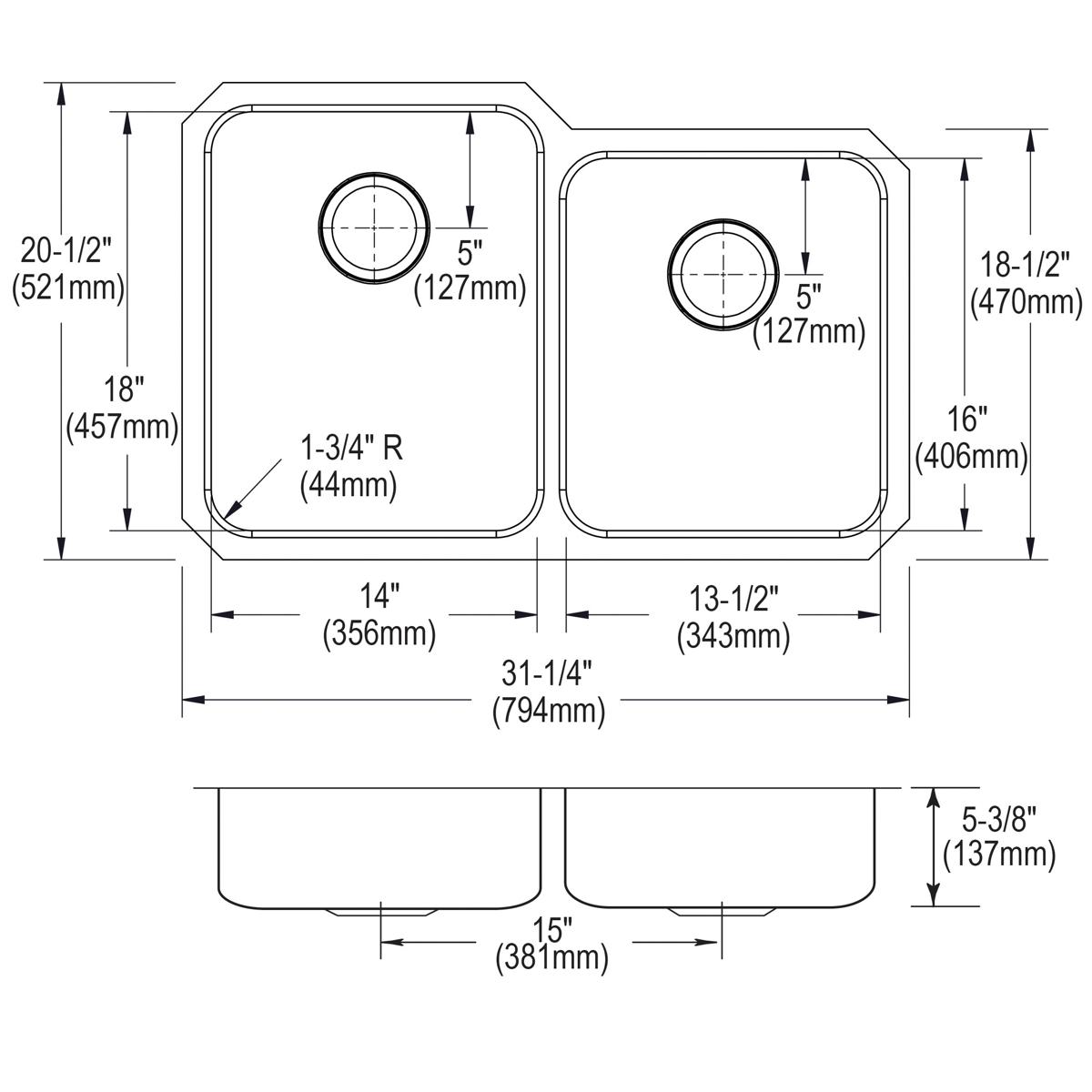 Elkay Lustertone Classic Stainless Steel 31-1/4" x 20-1/2" x 5-3/8", Offset Double Bowl Undermount ADA Sink ELUHAD312055R