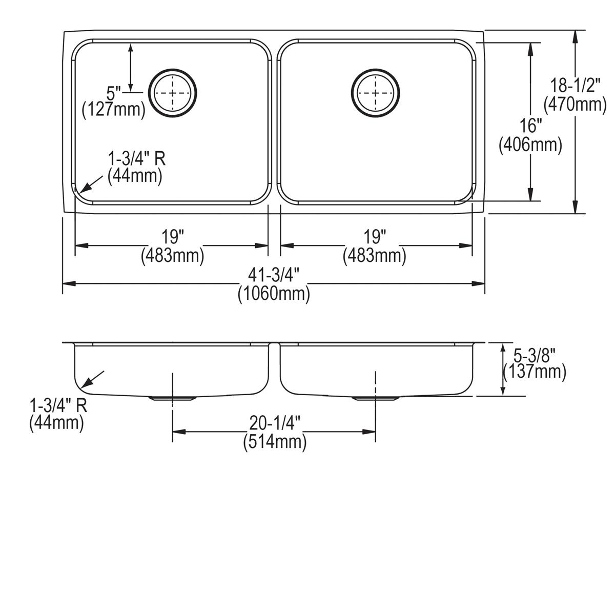 Elkay Lustertone Classic Stainless Steel 41-3/4" x 18-1/2" x 5-3/8", Equal Double Bowl Undermount ADA Sink ELUHAD421855