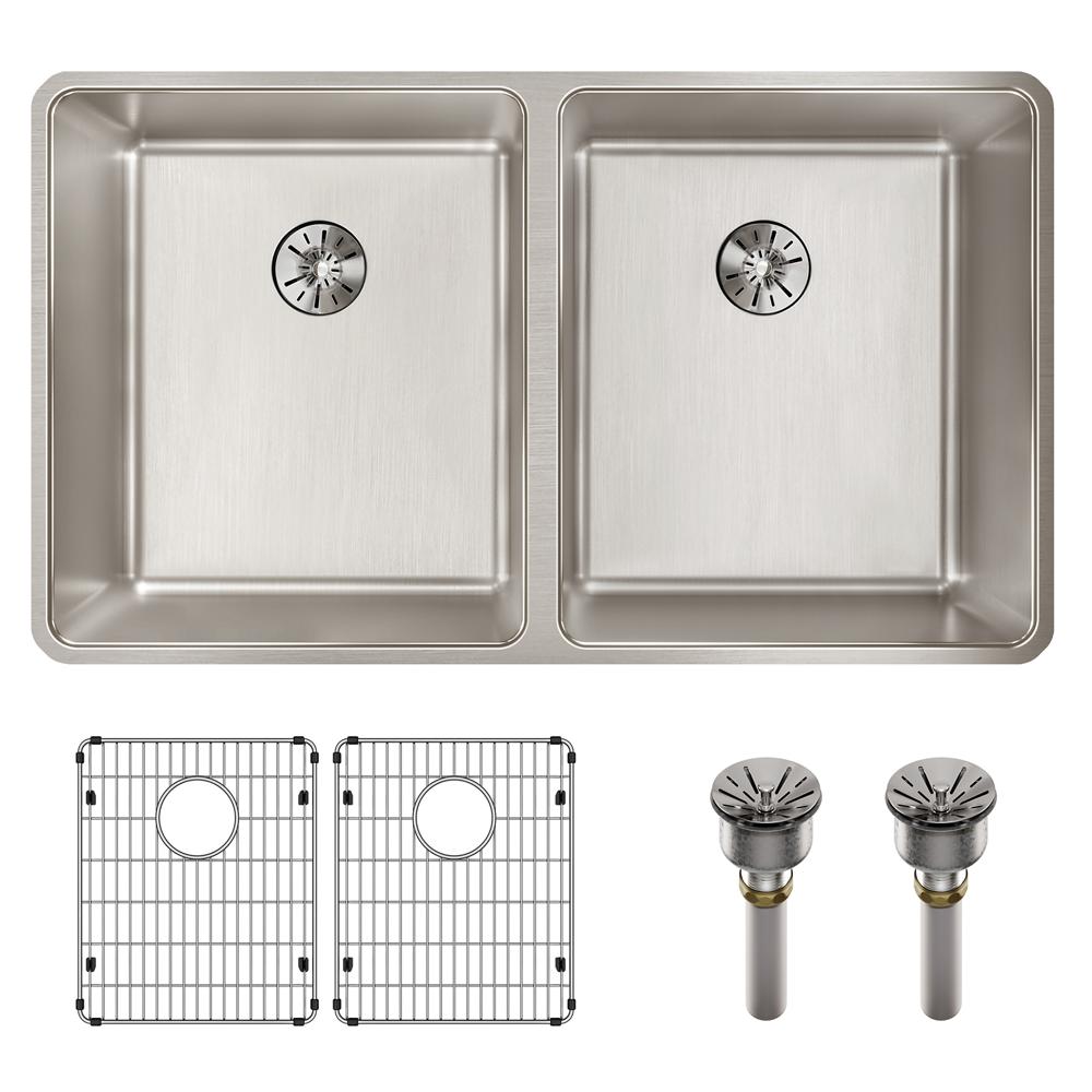 Elkay Lustertone Iconix 16 Gauge Stainless Steel 32-3/4" x 19-1/2" x 9" Double Bowl Undermount Sink Kit with Perfect Drain ELUHH3118TPDBG
