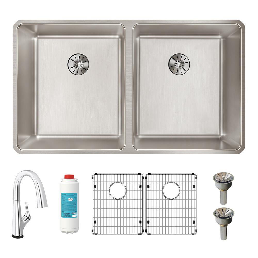 Elkay Lustertone Iconix 16 Gauge Stainless Steel 32-3/4" x 19-1/2" x 9" Double Bowl Undermount Sink Kit with Filtered Faucet with Perfect Drain ELUHH3118TPDFLC