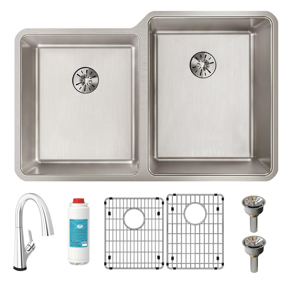 Elkay Lustertone Iconix 16 Ga Stainless Steel 31-1/4" x 20-1/2" x 9" Offset 40/60 Bowl Umt Sink Kit w/Perfect Drain&Fltr Fct ELUHH3120LTPFLC